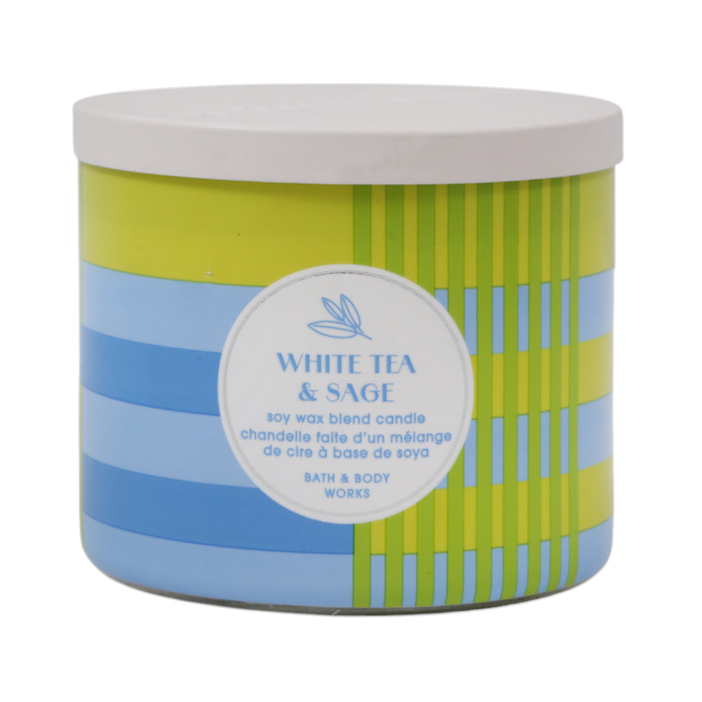 BBW SCENTED CANDLE 3 WICK WHITE TEA & SAGE SOY WAX BLEND CAN