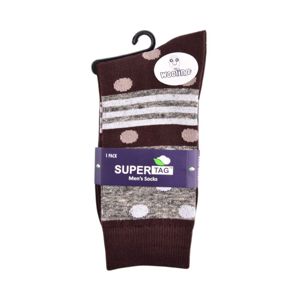 SUPER TAG SOCKS WOOLEN STRIPE BRN/DOT 1P (07)