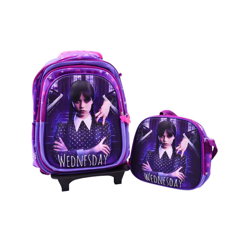 10862-26 SCHOOL BAG W-TROLLEY WEDNESDAY EMBOSSED IR 16INCH
