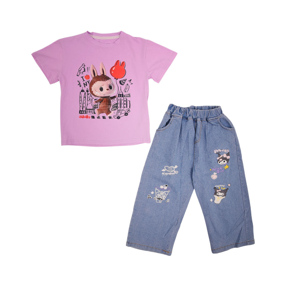 GIRLS S/S 2PC TEE+DENIM SUIT LABUBU NZS-25 3-4 YEAR C-6 A