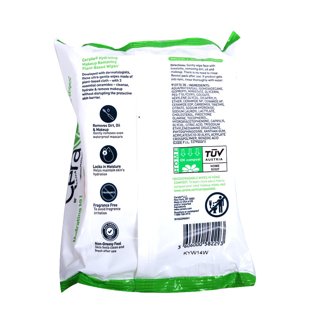 CERAVE HYDRATING MAKEUP REMOVING PLANT BASED WIPES