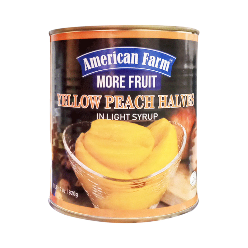 AMERICAN FARM YELLOW PEACH HALVES SYRUP TIN 820 GM