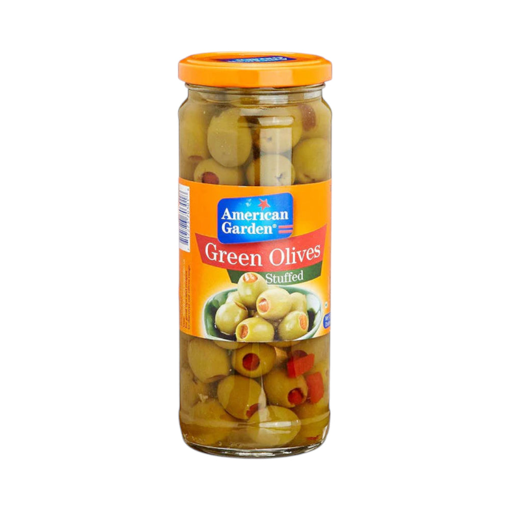 AMERICAN GARDEN GREEN OLIVES STUFFED 450 GM BASIC