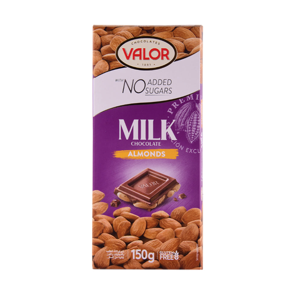 VALOR MILK CHOCOLATE ALMONDS NO SUGAR ADDED 150 GM