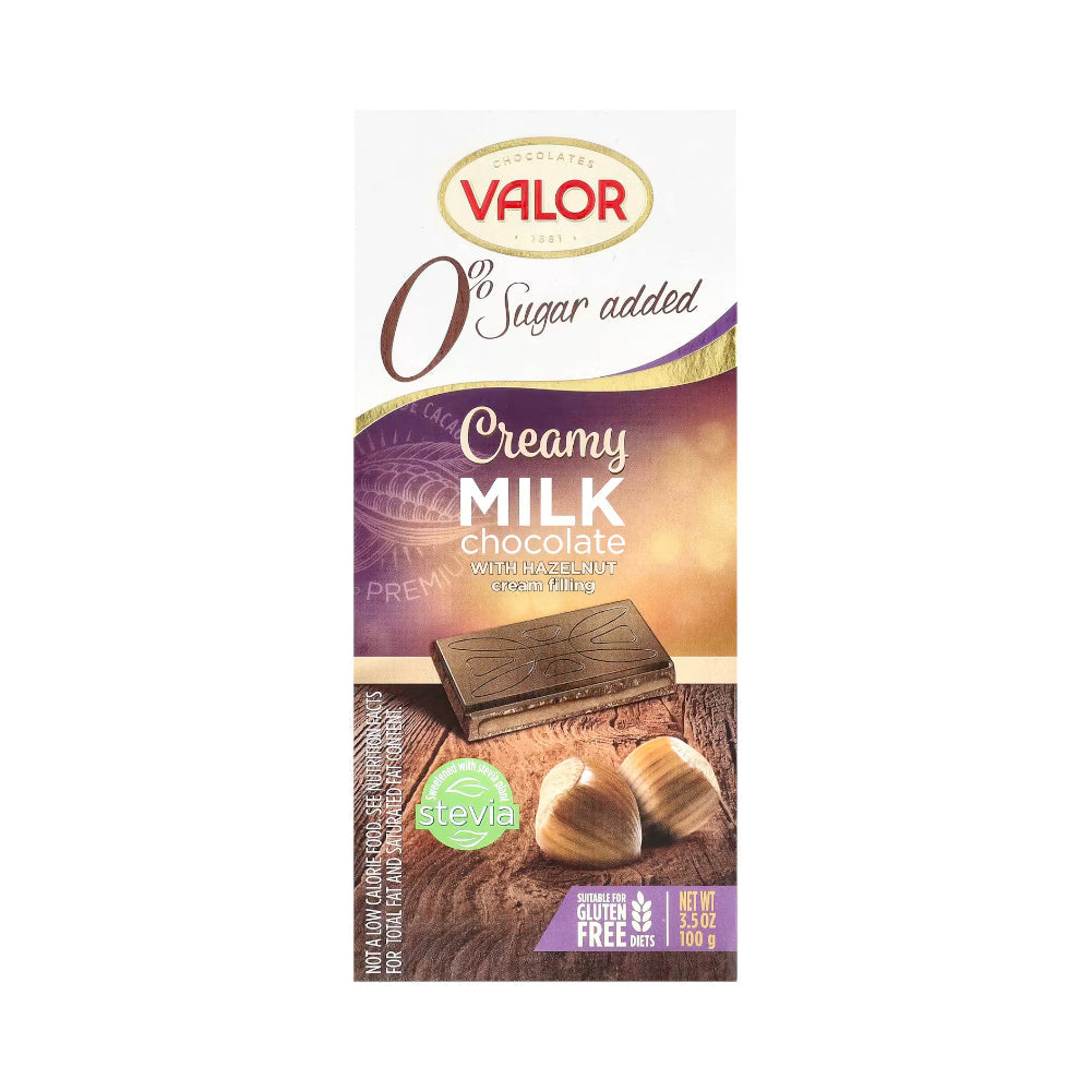 VALOR MILK CHOCOLATE WITH HAZELNUT NO ADDED SUGAR 100 GM