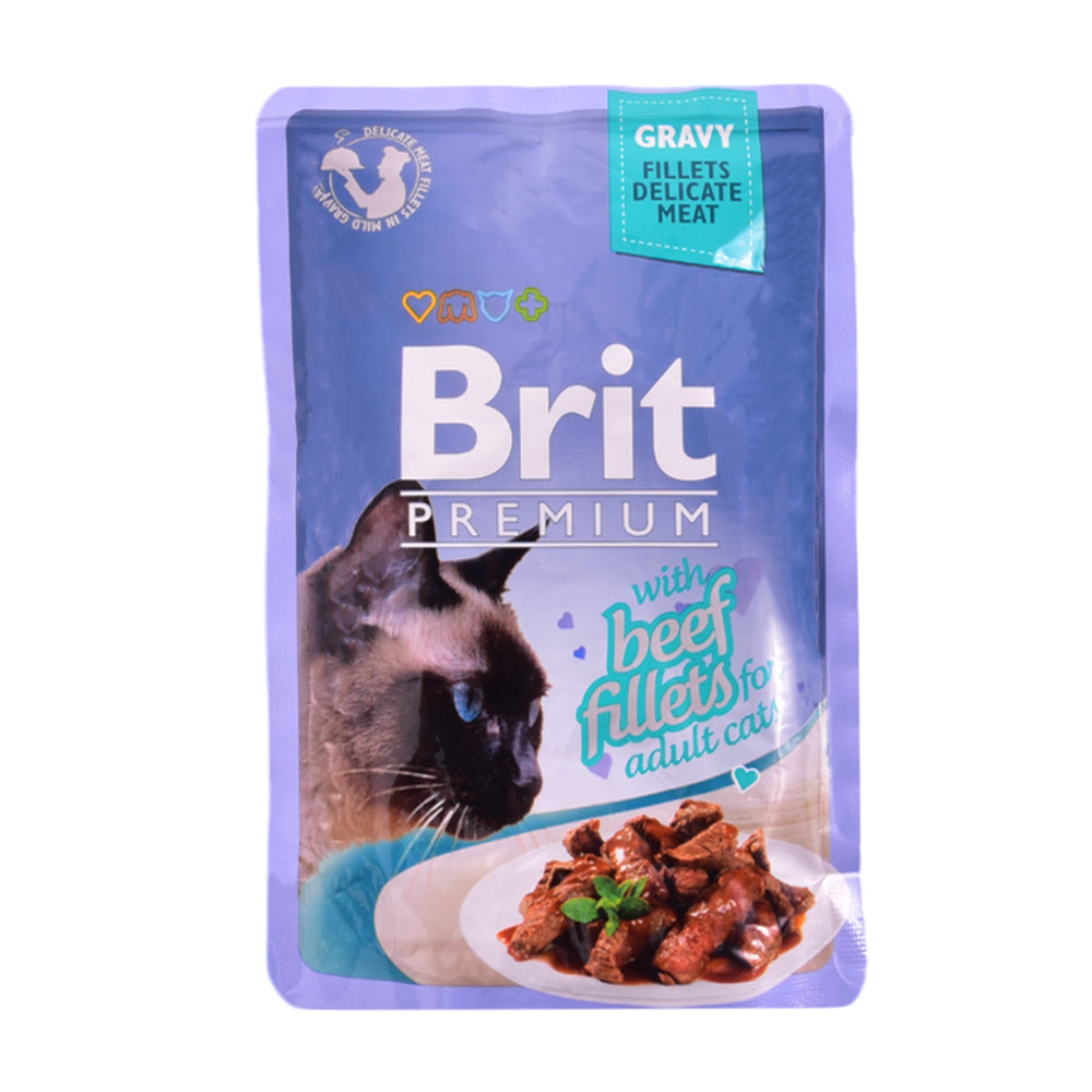 BRIT PREMIUM CAT FOOD BEEF FILLETS ADULT GRAVY MEAT 85 GM