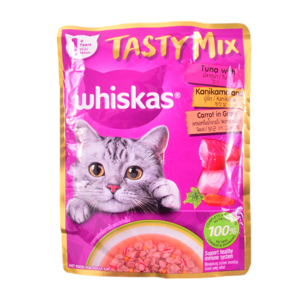 WHISKAS CAT FOOD TASTY MIX TUNA KANIKAMA & CARROT 70G