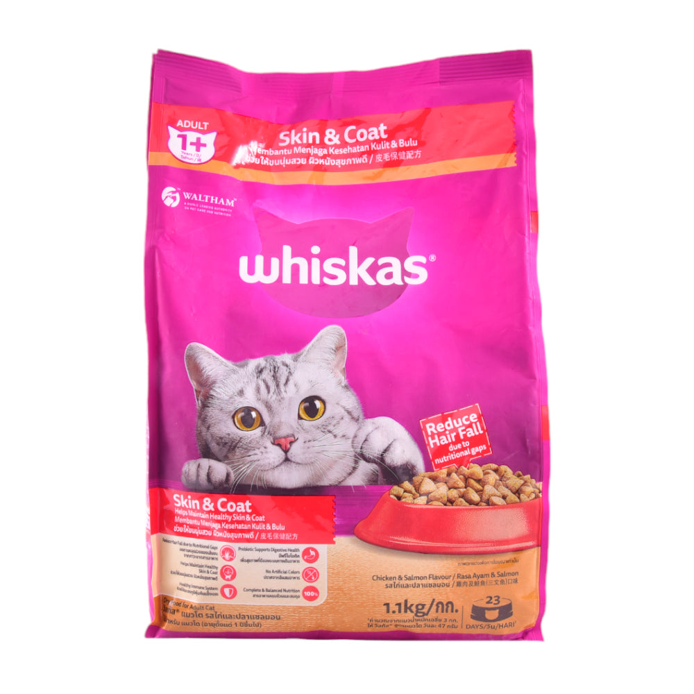 WHISKAS CAT FOOD SKIN & COAT CHICKEN & SALMON 1.1 KG