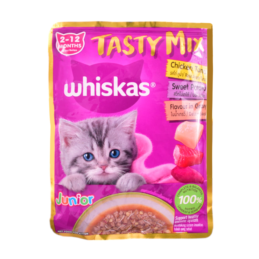 WHISKAS CAT FOOD TASTY MIX CHICKEN TUNA & SWEET POTATO 70G