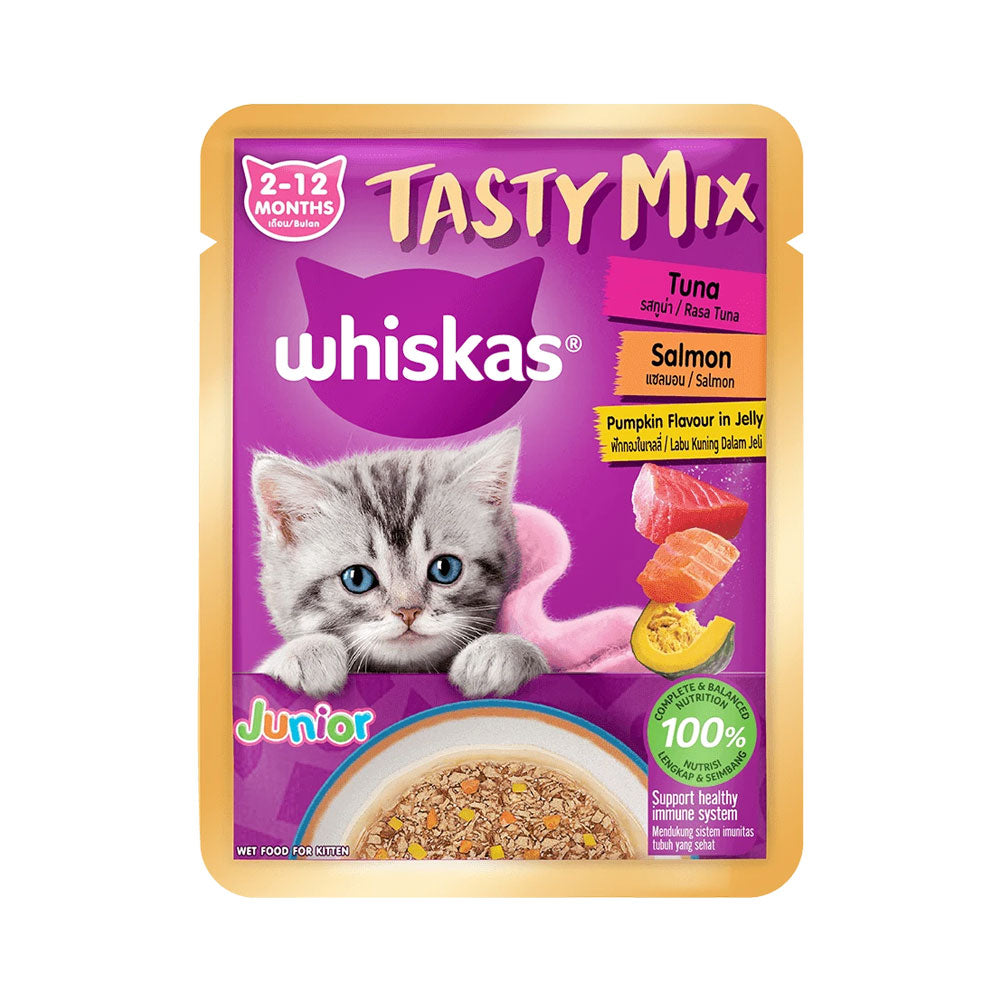 WHISKAS CAT FOOD TASTY MIX TUNA SALMON & PUMPKIN 70G