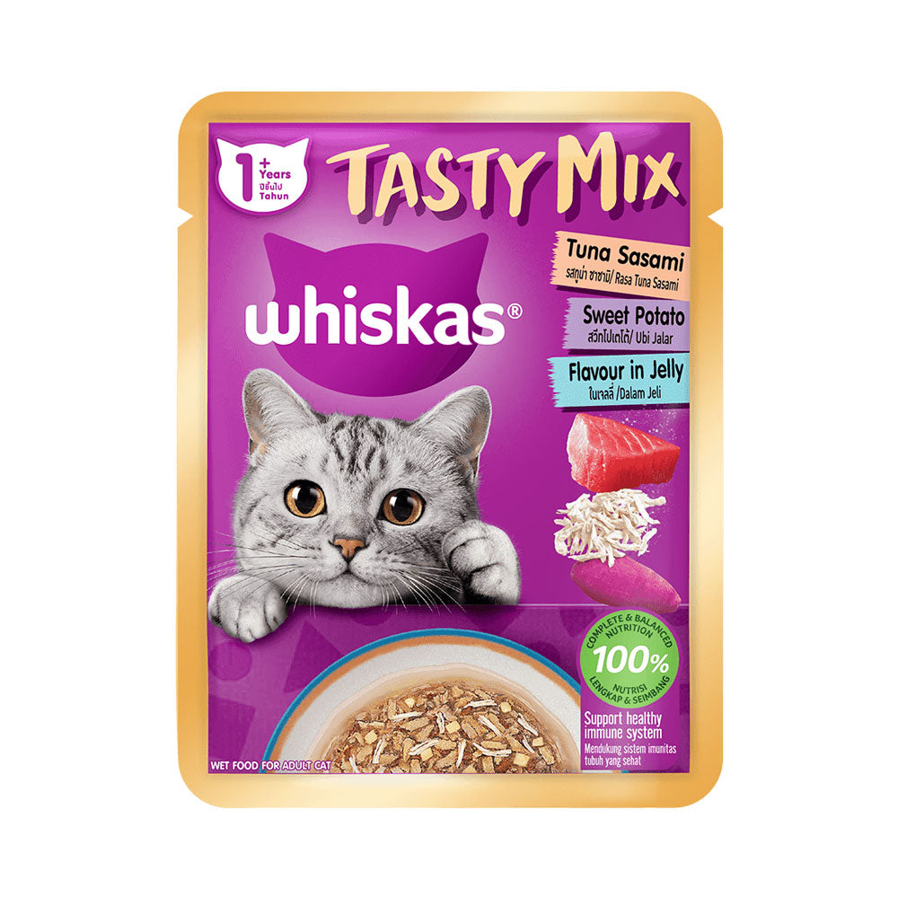 WHISKAS CAT FOOD TASTY MIX TUNA SASAMI & SWEET POTATO 70G