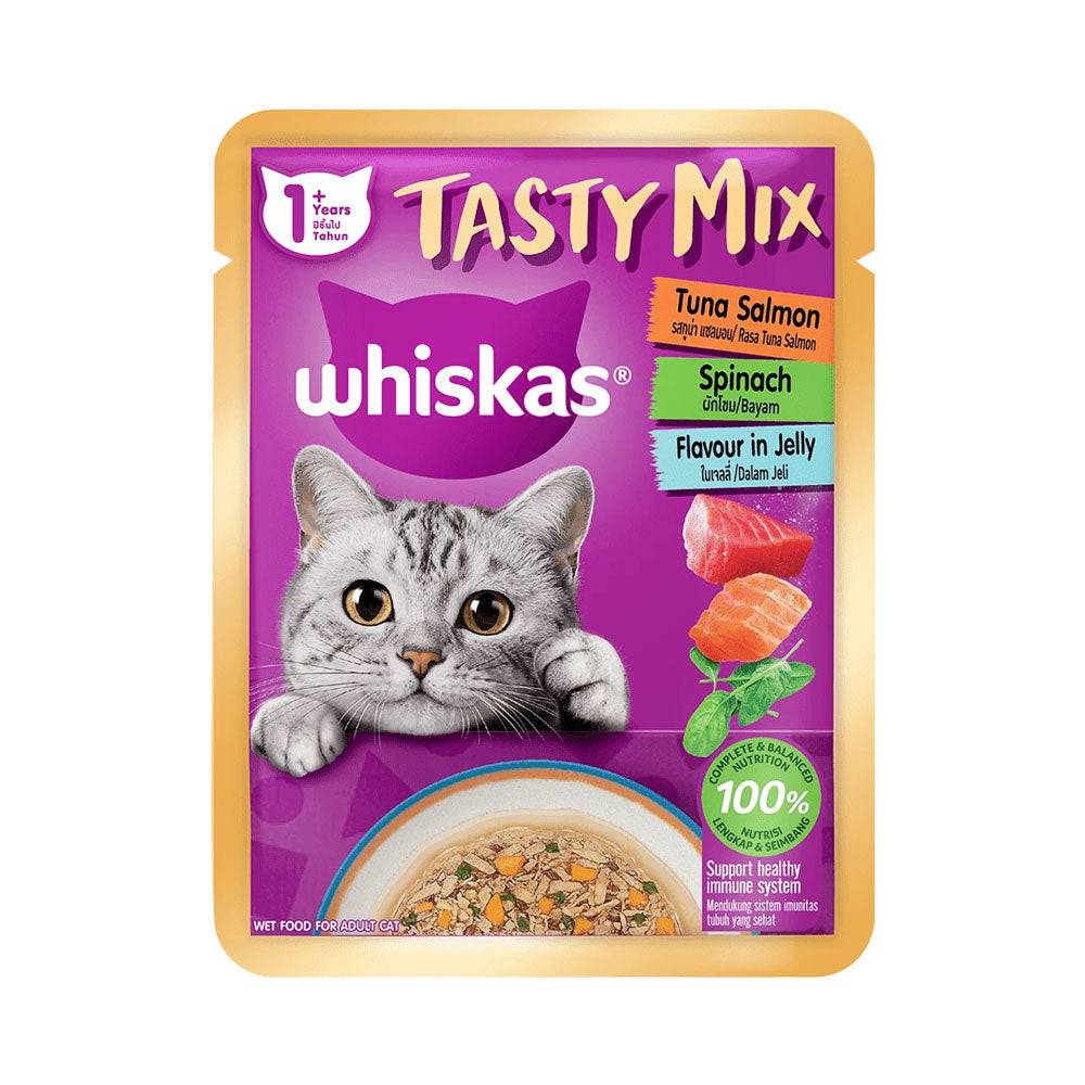 WHISKAS CAT FOOD TASTY MIX TUNA SALMON & SPINACH 70G