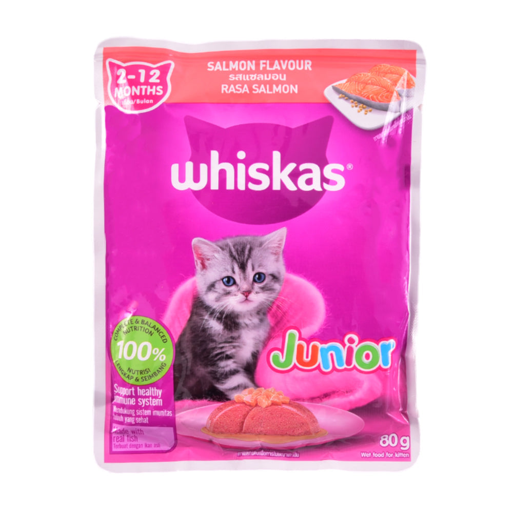 WHISKAS CAT FOOD JUNIOR SALMON FLAVOUR 2-12 MONTH 80G