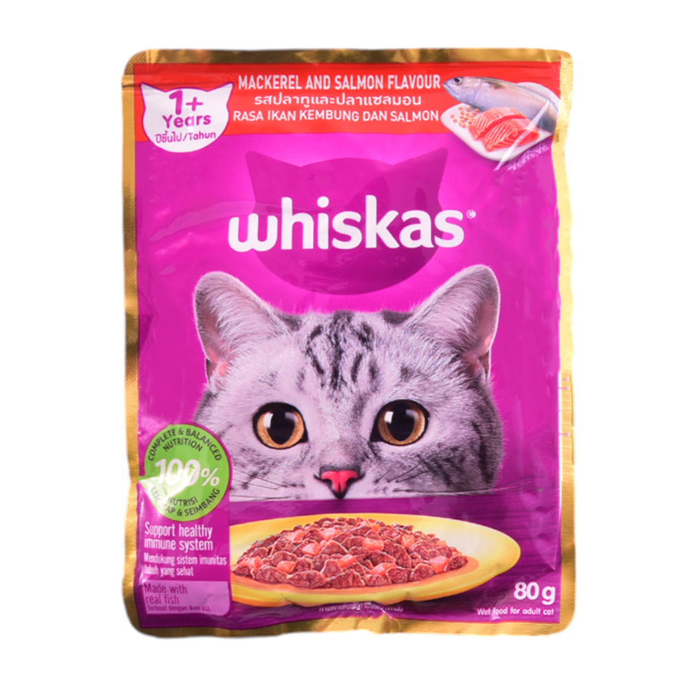 WHISKAS CAT FOOD MACKEREL SALMON FLAVOUR 1+YEAR POUCH 80 GM
