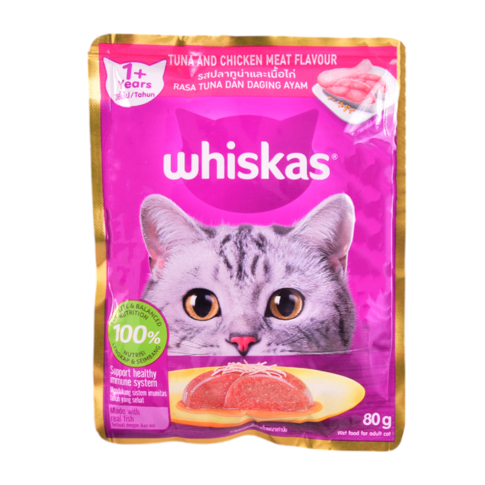 WHISKAS CAT FOOD TUNA CHICKEN MEAT 1+YEAR POUCH 80 GM