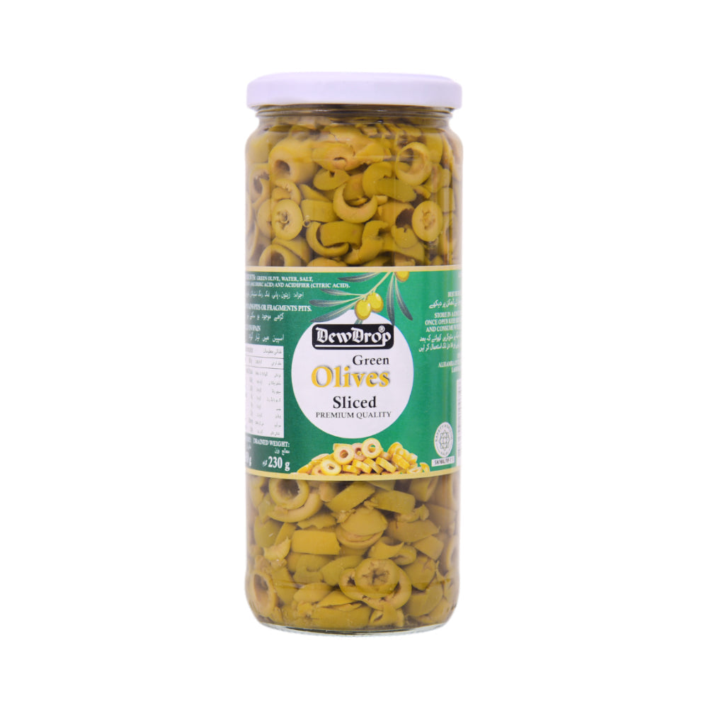 DEW DROP GREEN OLIVES SLICED 350 GM