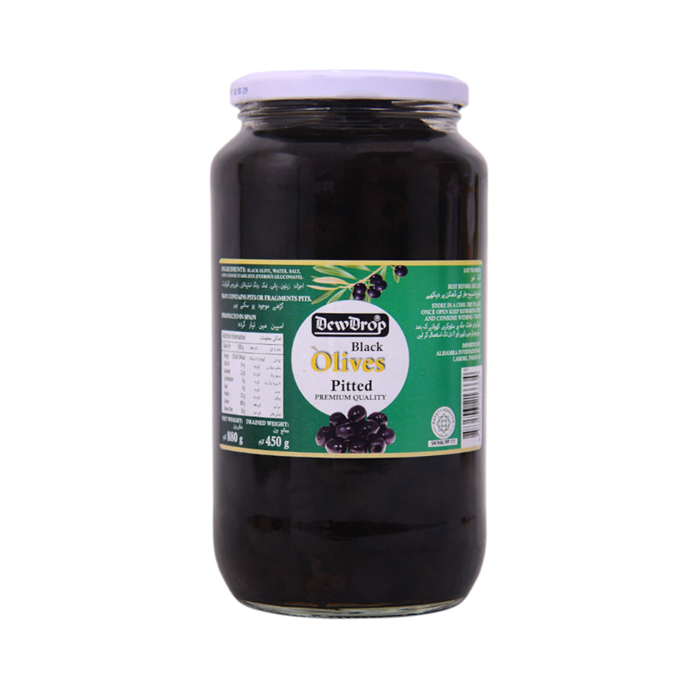 DEW DROP OLIVES BLACK PITTED 880 GM