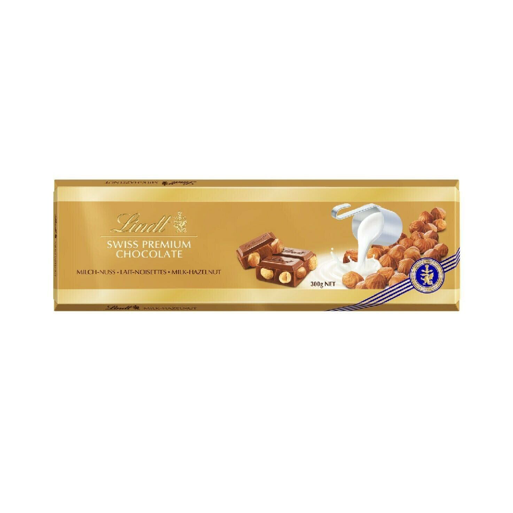 LINDT SWISS PREMIUM CHOCOLATE BAR MILK HAZELNUT GOLD 300 GM