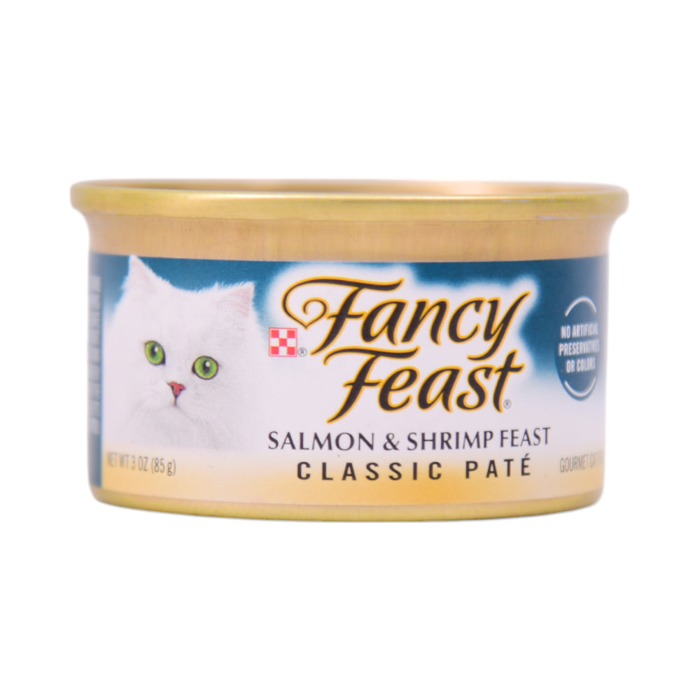 FANCY FEAST CAT FOOD SALMON AND SHRIMP CLASSIC TIN 85 GM