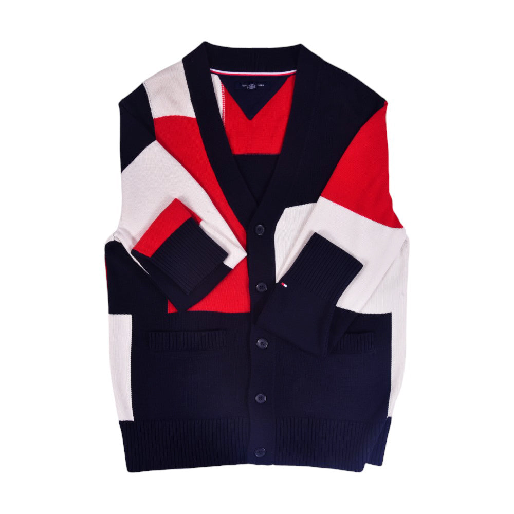 TH MEN L/S CARDIGAN SWEATER 78J5758-410 RED/WHT M (IR)