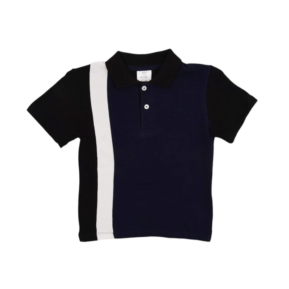 BOYS L/S POLO T-SHIRT HOP & ROLL NAVY WHT PANEL MZW-23 3-4 Y