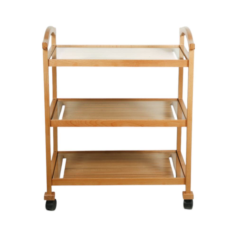 WOODEN TEA TROLLEY WITH GLASS 3 SHELF