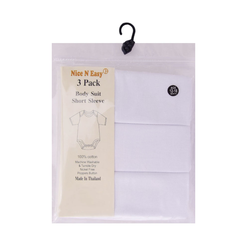 H/S BODY SUIT 3 PC PACK WHITE NICE & EASY MZS-24 12-18M