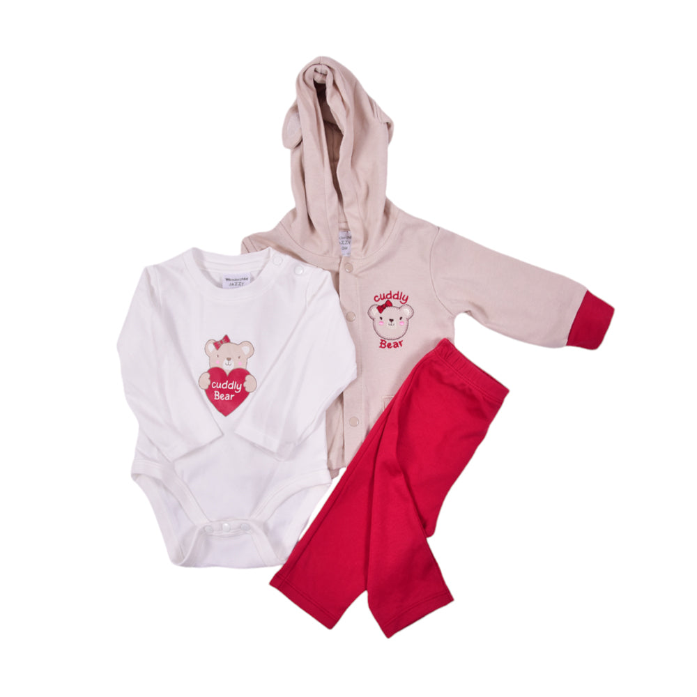 GIRLS L/S 3PC PAJAMA SUIT HOODED MZW-24 0-3M 239-047 THAI