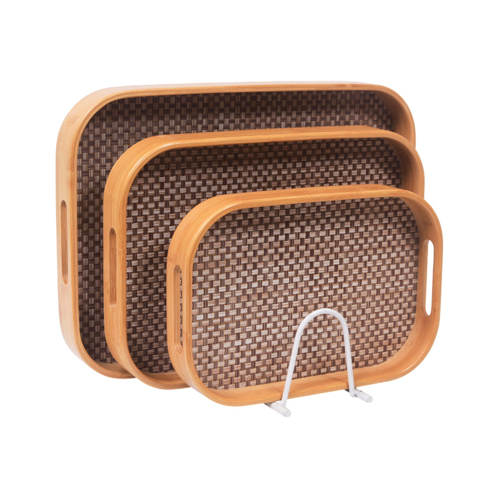 TRAY SET 3PC WOODEN JUTE STYLE RECTANGULAR 9-2/1064