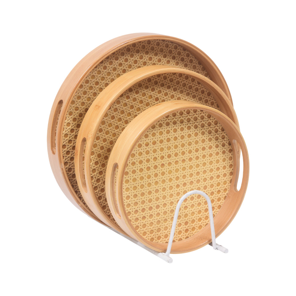 TRAY SET 3PC WOODEN CHATAI STYLE ROUND 9-7/1066