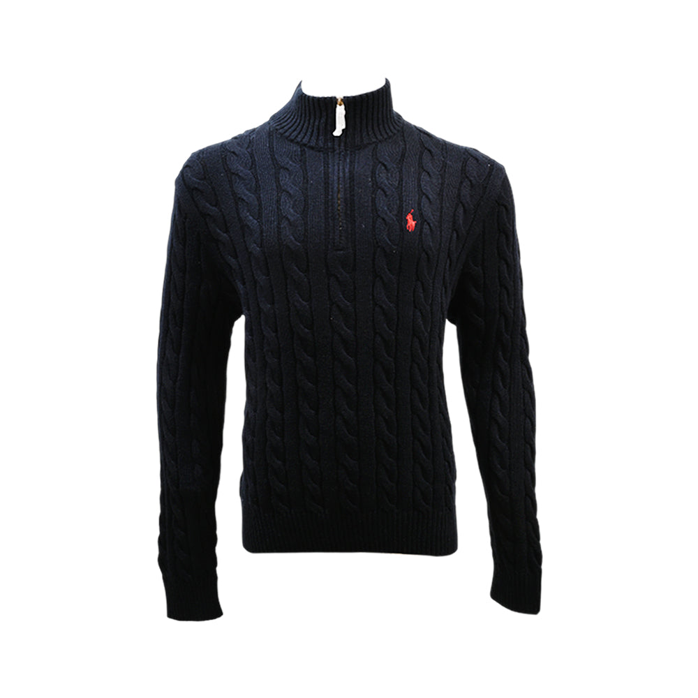 RL MEN  L/S  CABLE KNIT H-ZIPPER SWEATER 213004 NVY L (IRW)