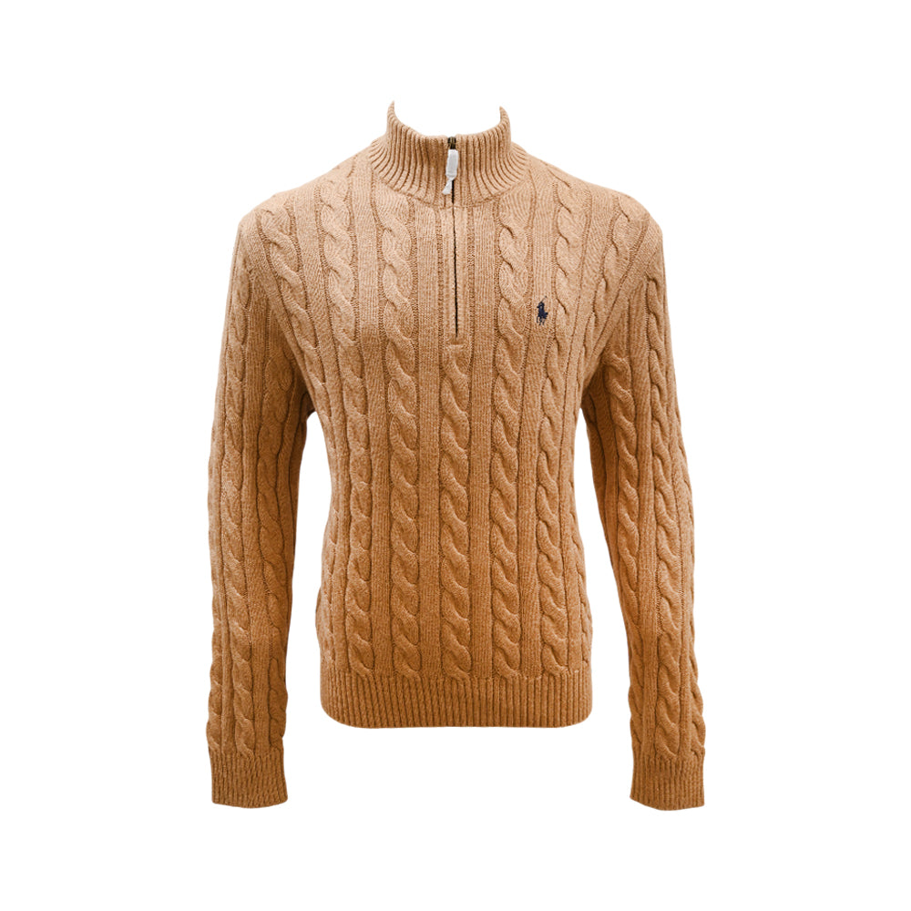RL MEN L/S CABLE KNIT H-ZIPPER SWEATER 213006 BRN M (IRW)