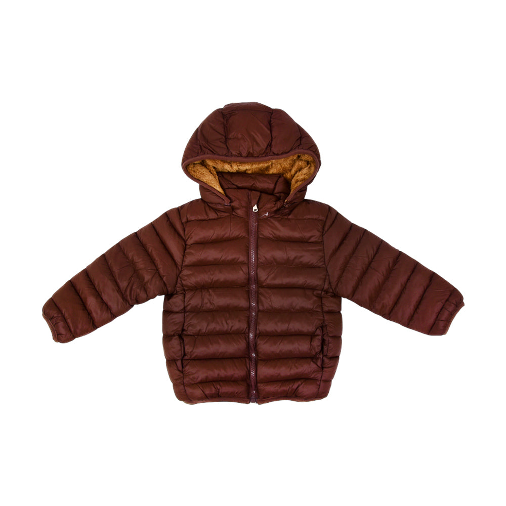 BOYS L/S PUFFER JACKET HOODED BROWN IR-25 6-7 YEAR F-03