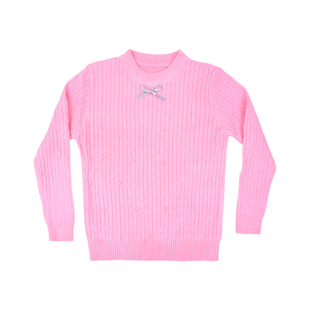 GIRLS L/S ROUND NECK SWEATER CABLE KNIT L-PINK IR-25 5-6 YEA