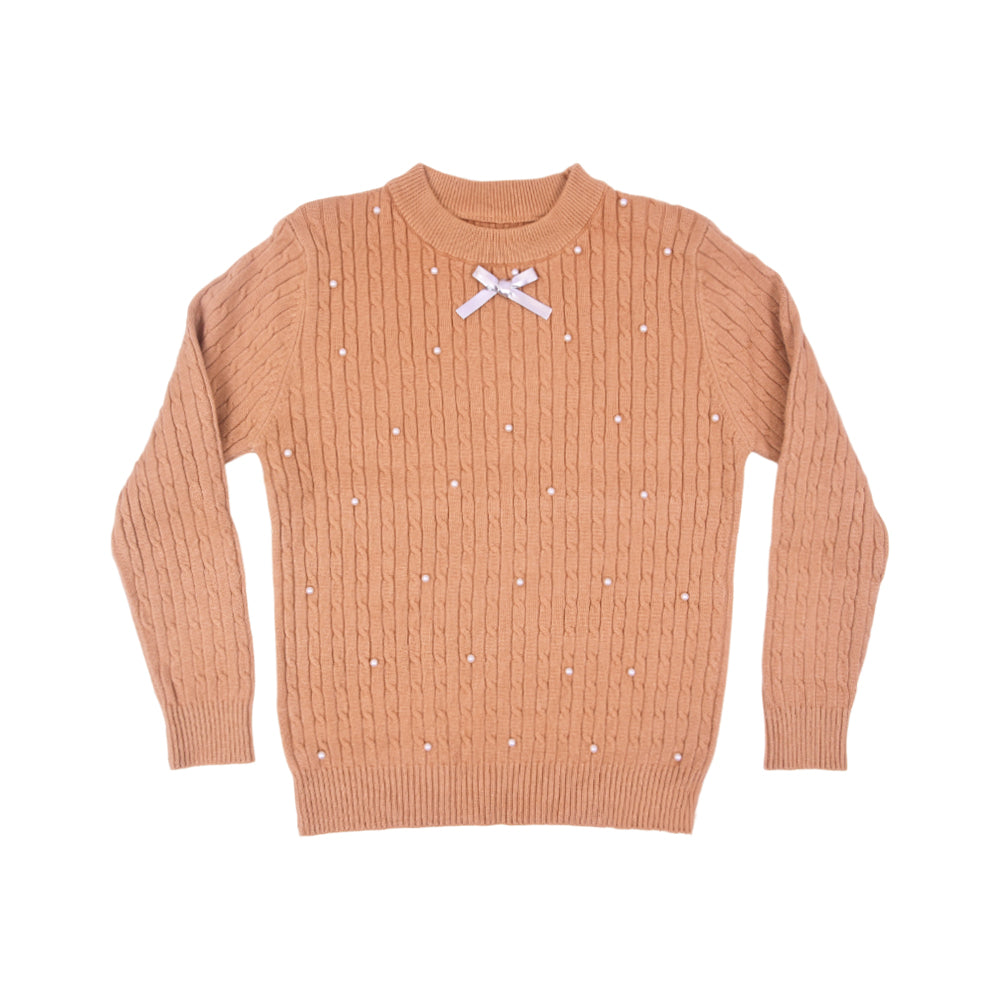GIRLS L/S ROUND NECK SWEATER CABLE KNIT L-BROWN IR-25 5-6 YE