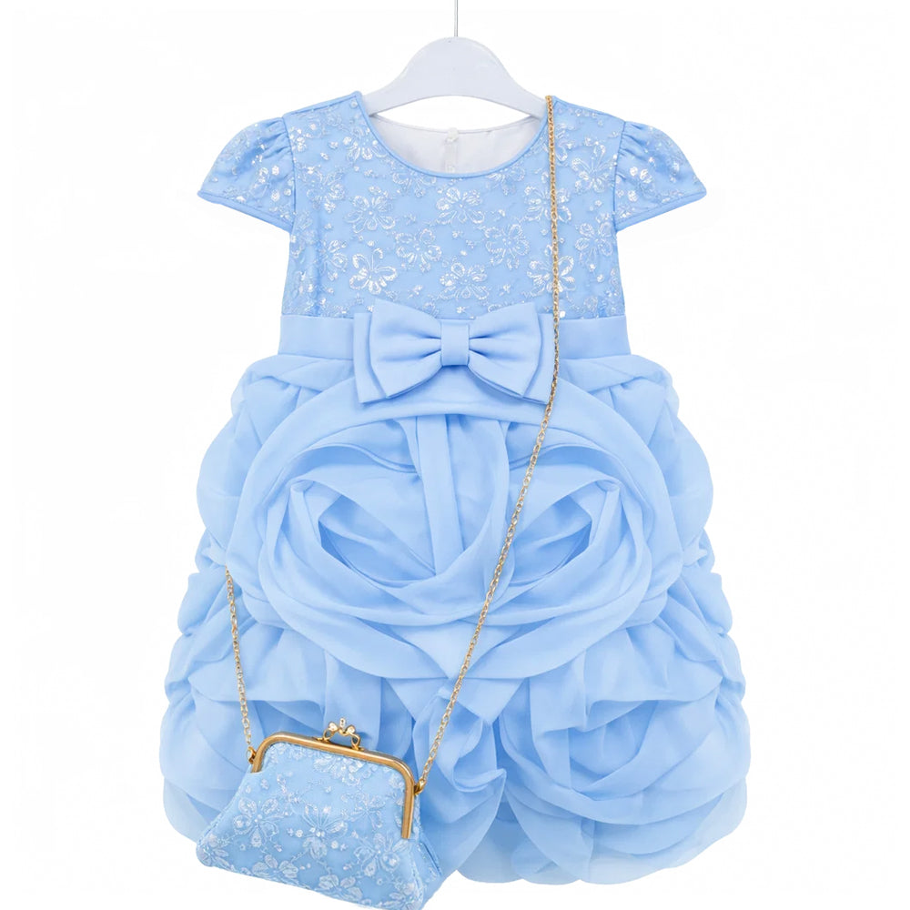 GIRLS CAP SLV FANCY FROCK W-PURSE SKY BLU IR-25 2-3YEAR B7-6