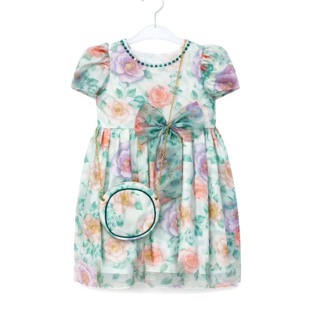 GIRLS CAP SLV FANCY FROCK W-PURSE GRN & MORE IR-25 4-5YEAR V