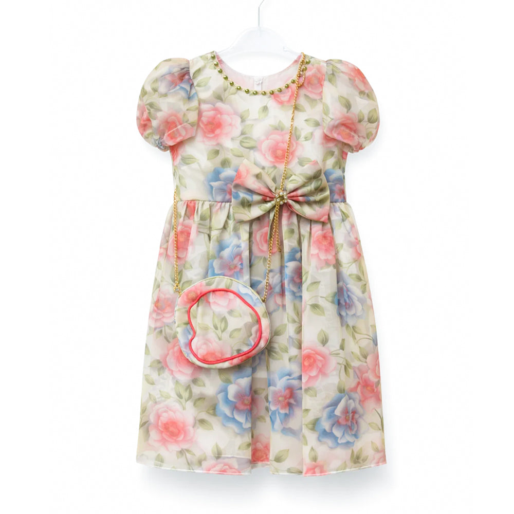 GIRLS CAP SLV FANCY FROCK W-PURSE PEACH GRN IR-25 6-7YEAR VA