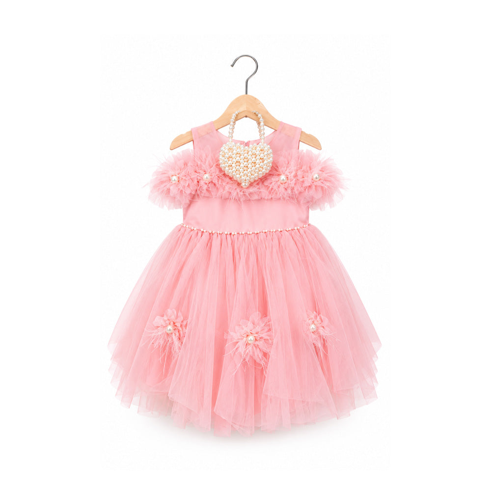 GIRLS S/L FANCY FROCK W-PURSE PEACH IR-25 SCH190