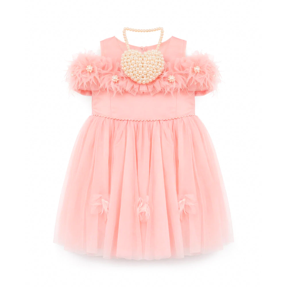 GIRLS S/L FANCY FROCK W-PURSE PEACH IR-25 6-7YEAR SCH190