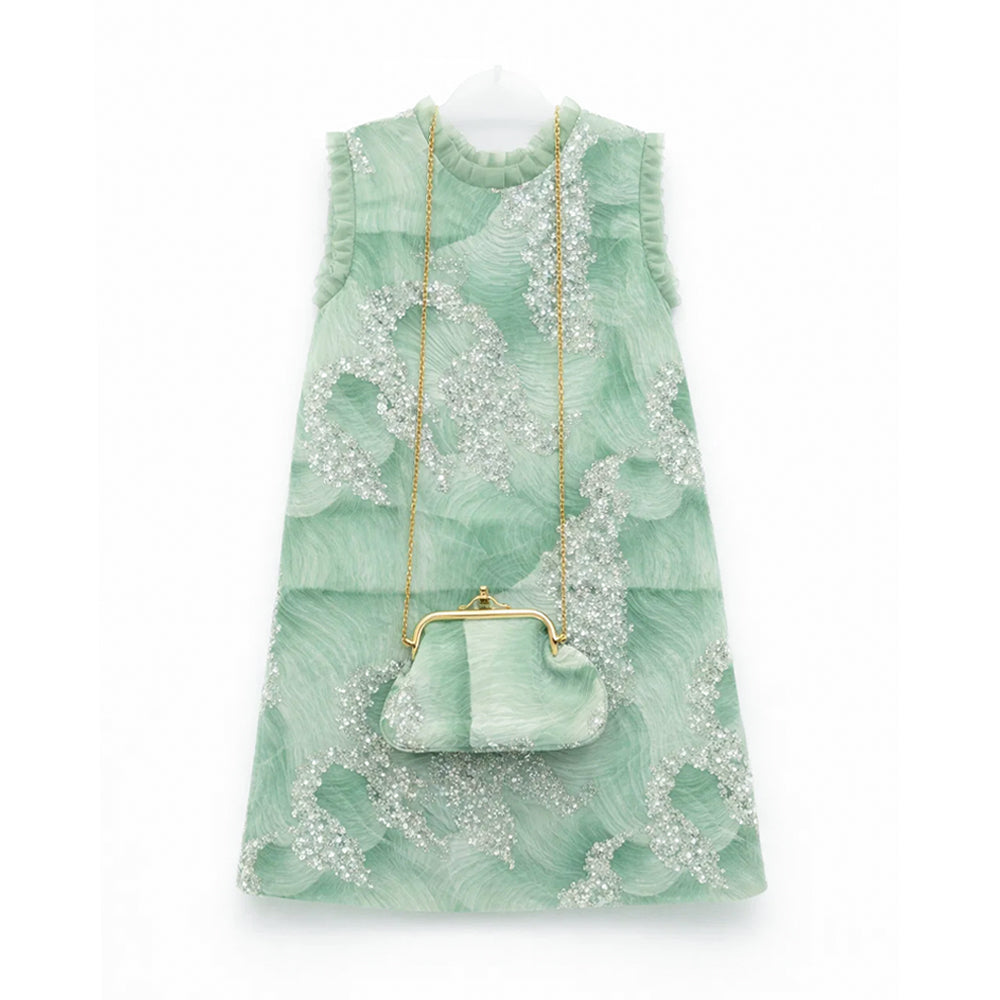 GIRLS S/L FANCY FROCK W-PURSE SEA-GRN IR-25 6-7YEAR VA1383