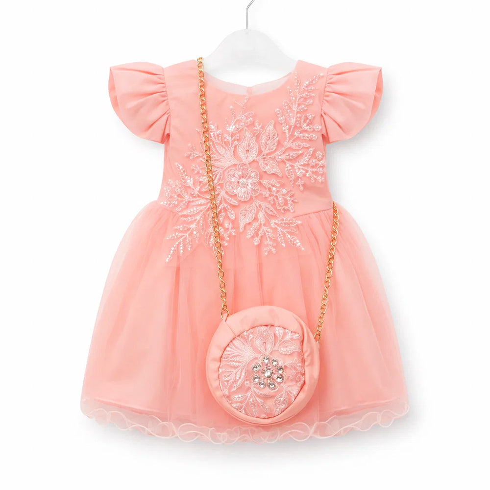 GIRLS CAP SLV FANCY FROCK W-PURSE L-PNK IR-25 12-18M TY805