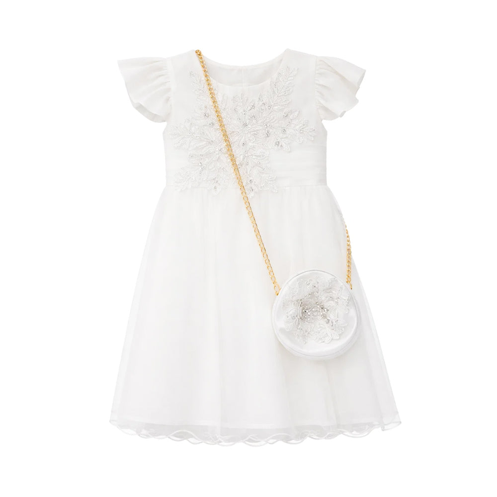 GIRLS CAP SLV FANCY FROCK W-PURSE WHT IR-25 6-7YEAR TY805