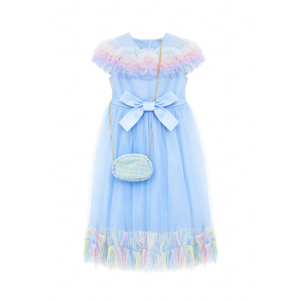 GIRLS S/L FANCY FROCK W-PURSE SKY BLU IR-25 5-6YEAR VT095