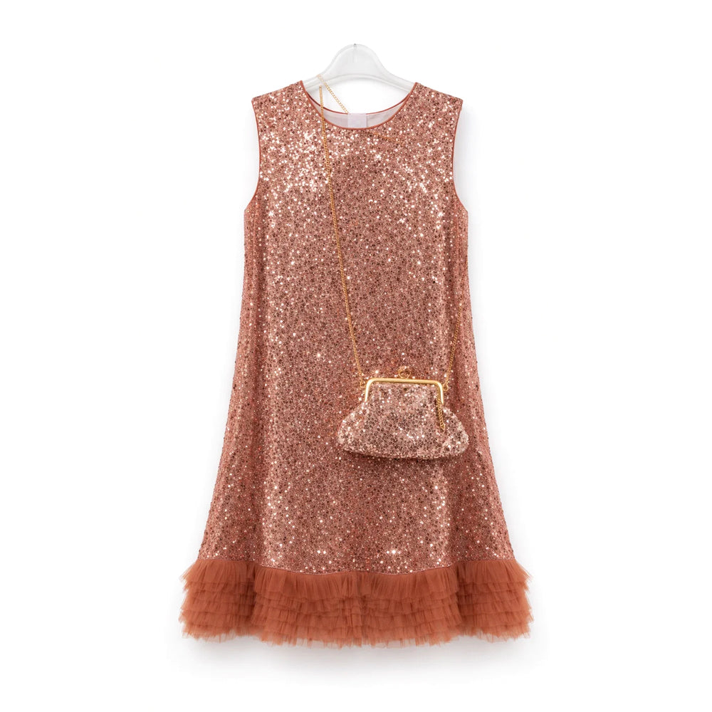 GIRLS S/L FANCY FROCK W-PURSE L-BRN IR-25 6-7YEAR V2325