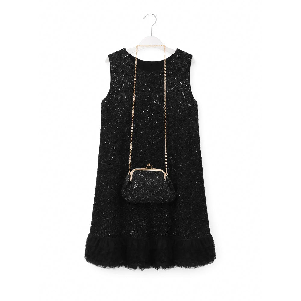 GIRLS S/L FANCY FROCK W-PURSE BLK IR-25 10-11YEAR V2325