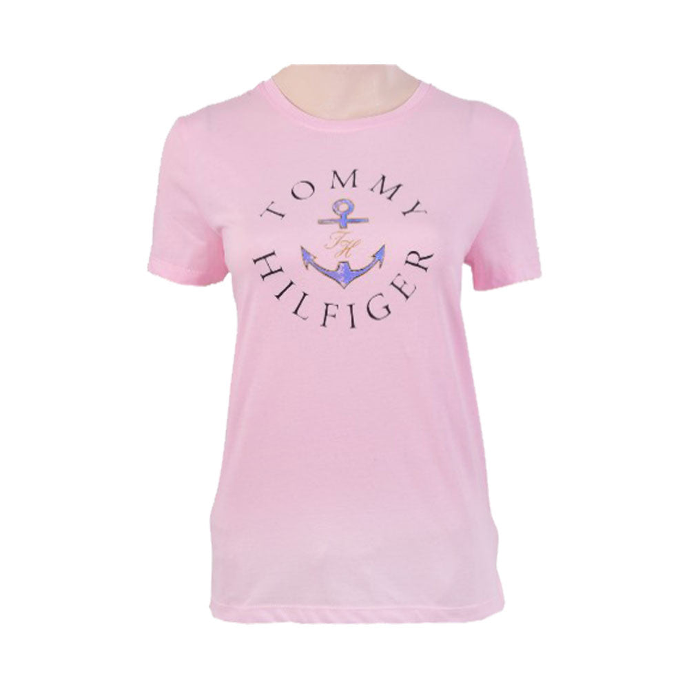 TH WOMEN S/S R.NECK SHIRT XW04336-651 PNK L (IRS)