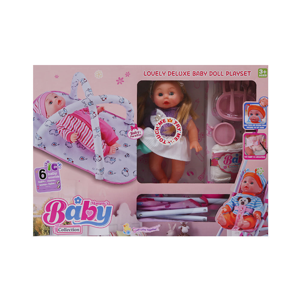 NEW256A BABY DOLL W-STROLLER 14INCH A.I