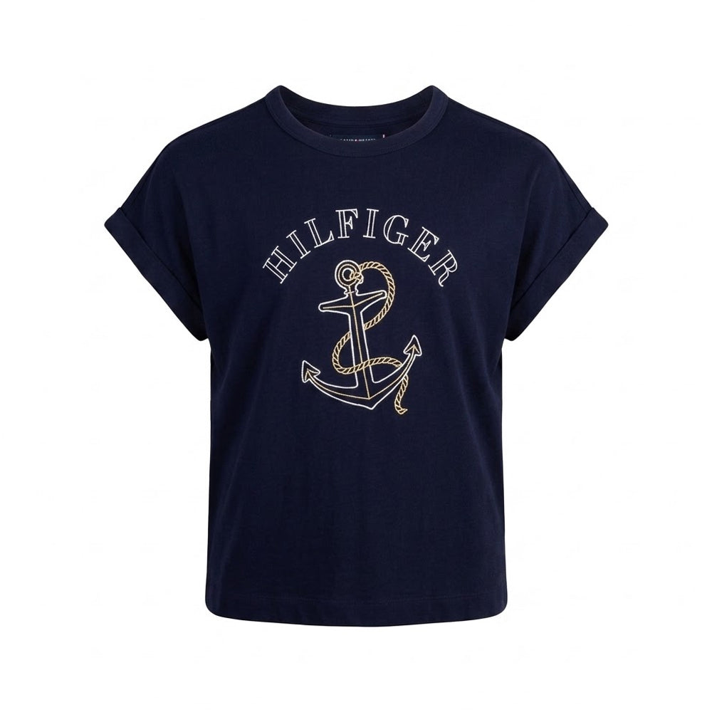 TH WOMEN S/L R.NECK SHIRT XW04338-401 NVY M (IR)