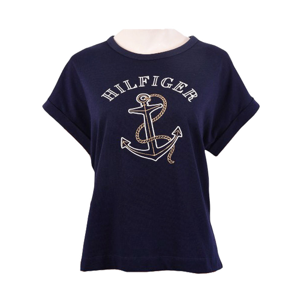 TH WOMEN S/L R.NECK SHIRT XW04338-401 NVY L (IR)